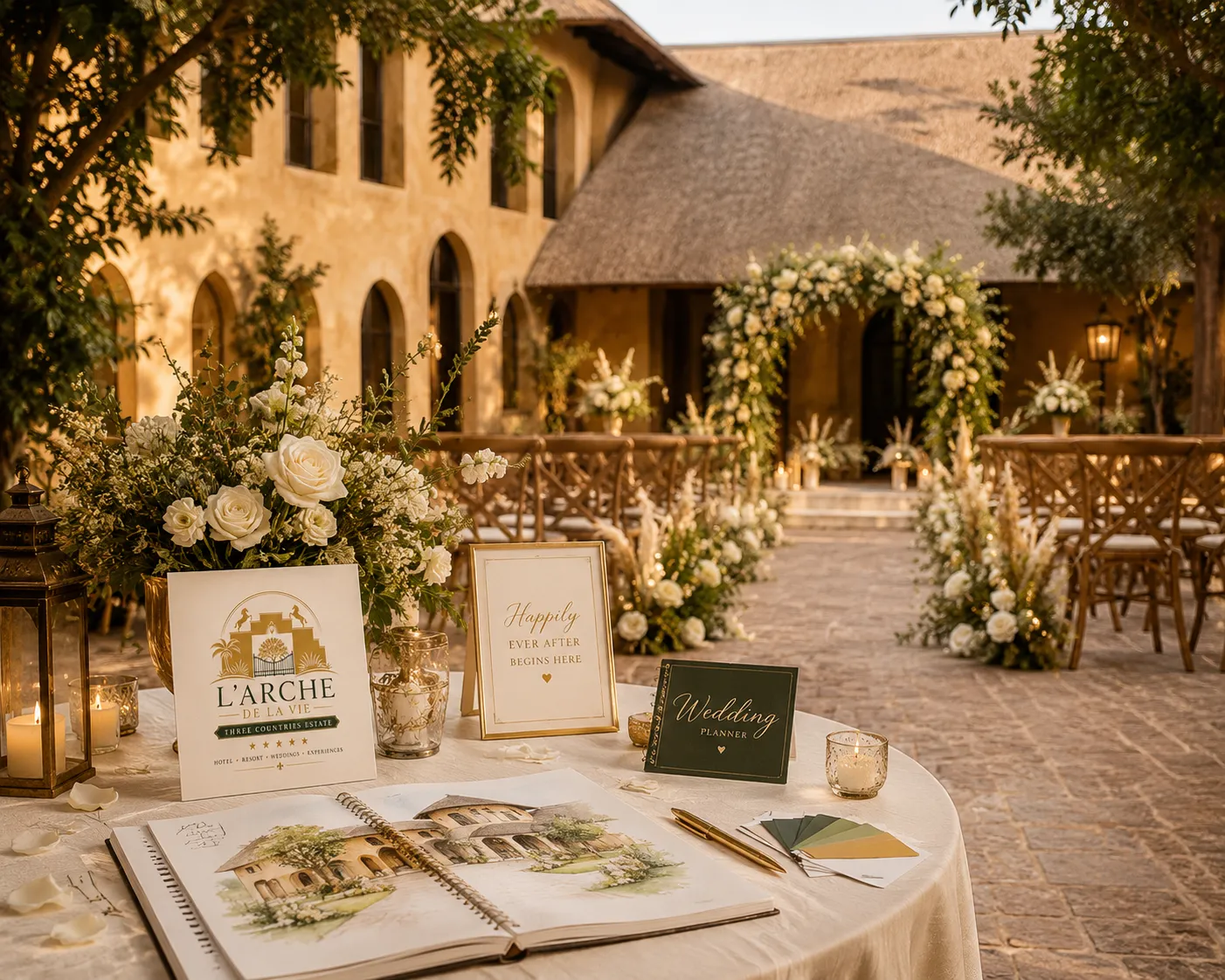 Styled wedding table setting at L'Arche De La Vie, prepared for an estate celebration